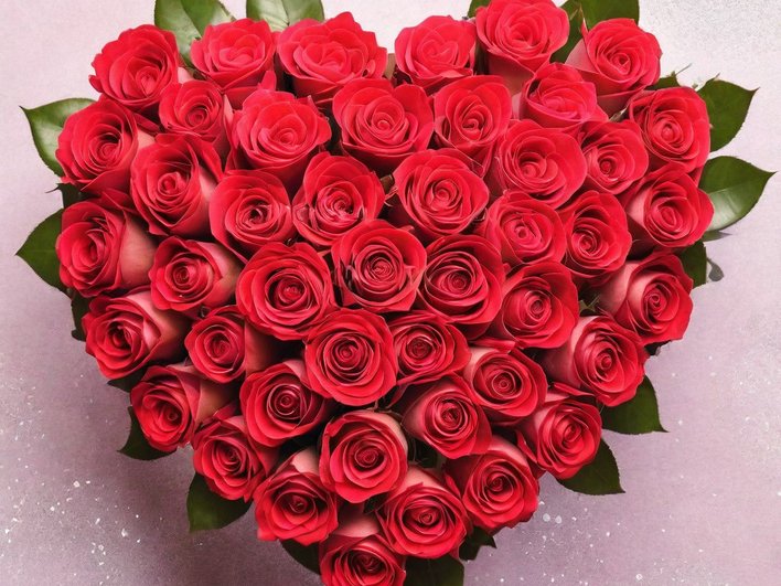 Красные розы в форме сердца на светло-розовом фоне