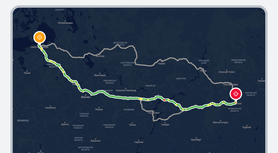 Пример маршрута в навигаторе из Санкт-Петербурга в Челябинск