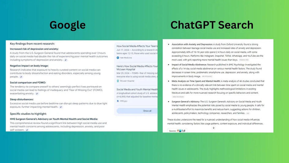 скриншот сравнения результатов работы Google и ChatGPT по рекламе в ответах