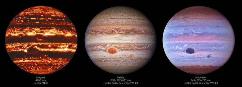 Юпитер по-разному виден в инфракрасном (слева), видимом (в центре) и ультрафиолетовом (справа) свете. Фото: International Gemini Observatory / NOIRLab / NSF / AURA / NASA / ESA