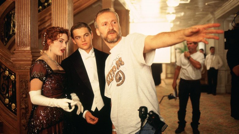 Кейт Уинслет, Леонардо ДиКаприо и Джеймс Кэмерон на съемках фильма «Титаник»
