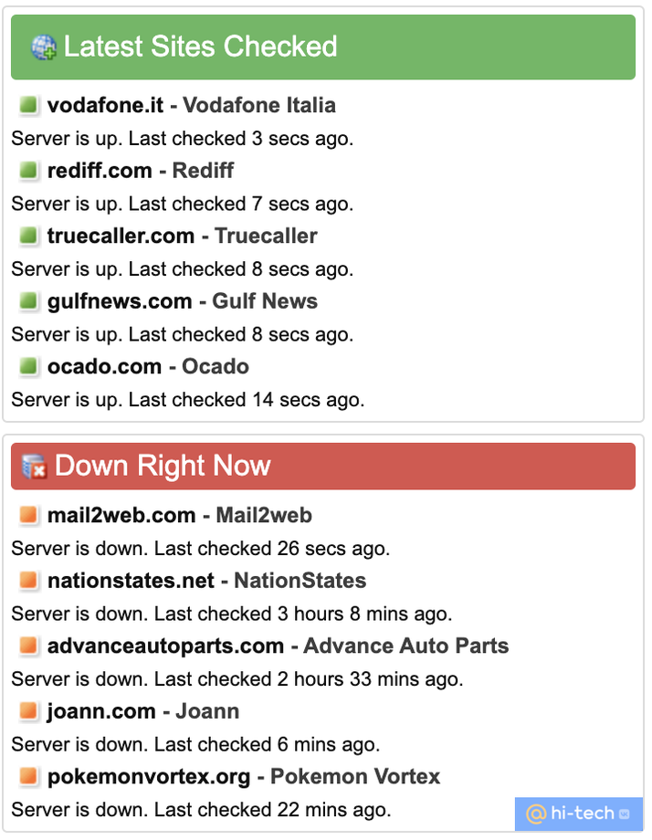 Зеленая метка — сайт работает, красная — сайт «упал». 