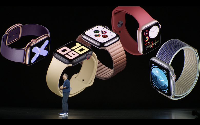 Фото: презентация Apple Watch Series 5 – первых смарт-часов компании, где LTPO-матрица стала действительно полезной. Ранее технологию применили в Apple Watch Series 4, где она не была полноценно использована.