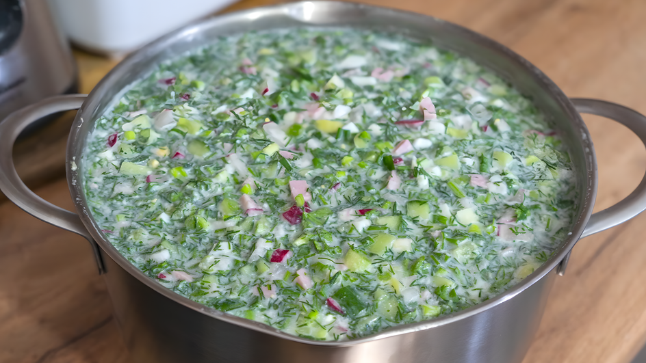 Кастрюля классической окрошки с колбасой на квасе крупным планом