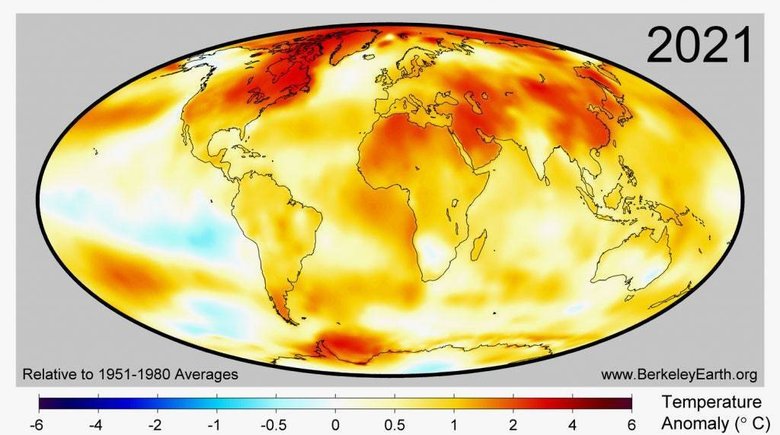 На карте показано действие феномена Ла-Нинья, затронувшего районы, отмеченные голубыми пятнами у побережья Южной Америки. Ярко-красные области показывают, что Северная Африка, Ближний Восток и Китай жарились в 2021 году. И обратите внимание на красные пятна над Арктикой, которая нагревается в четыре раза быстрее, чем остальная часть планеты. Источник: Berkeley Earth