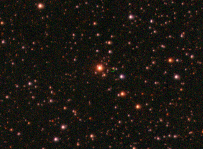 Вольф 359 (слева) Проксима Центавра (справа), зеленым показано положение звезд, если смотреть на них с «Новых горизонтов». Фото: NASA