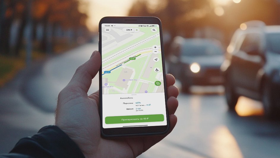 Мужчична держит в руках телефон с открытым приложением «Парковки России» на фоне осенней дороги с автомобилями