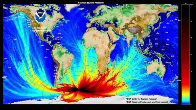 Из точки своего возникновения в Южной Атлантике цунами 2021 года прокатилось по всему миру. Фото: NOAA Center for Tsunami Research