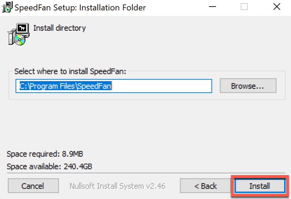 Скриншот окна установки программы SpeedFan