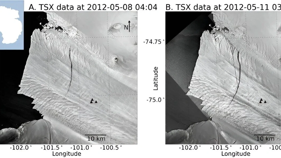 Спутниковые снимки, сделанные 8 мая и 11 мая с разницей в три дня в 2012 году, показывают новую трещину, которая образует букву «Y»