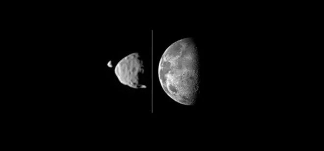 Спутники Марса в сравнении с нашей Луной. Фото: NASA