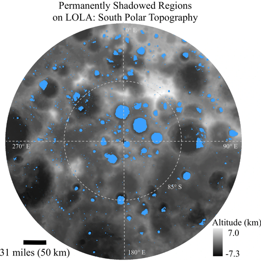 Изображение затененных кратеров и рельефа Южного полюса Луны