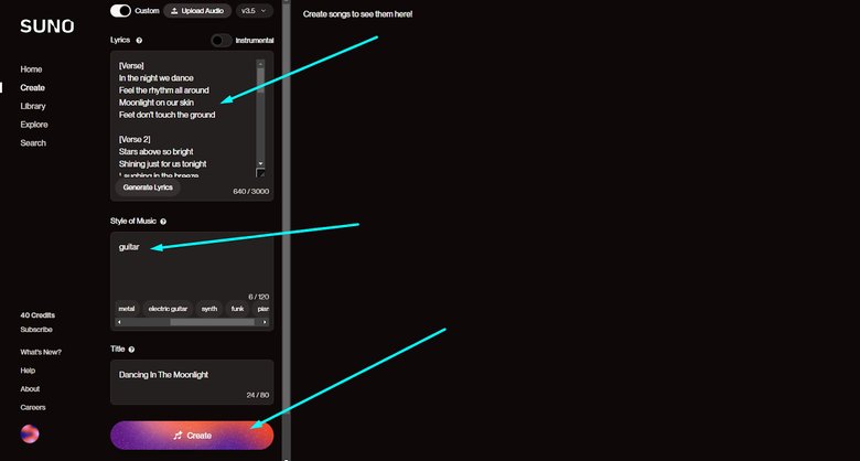 Скриншот программы Suno AI с полями для заполнения