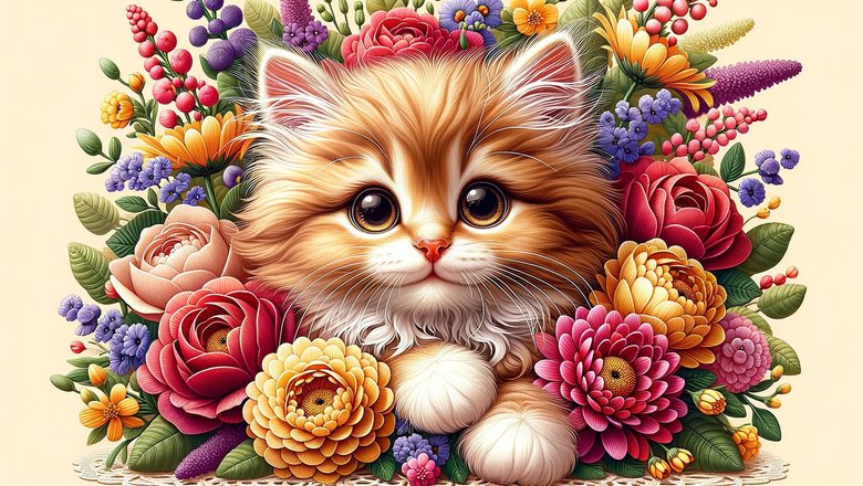 Открытка с котенком в цветах на День матери