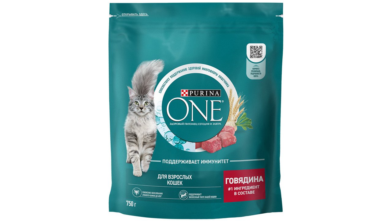 Сухой корм Purina ONE® полнорационный для взрослых кошек, с высоким содержанием говядины, 750 г