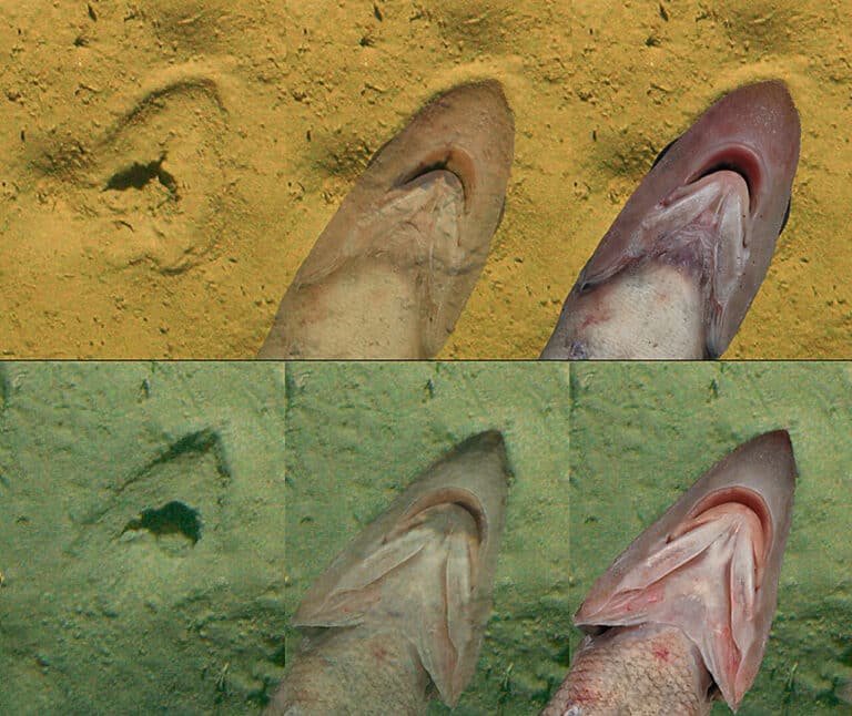 Наложение изображения, полученного со дна моря, на нижнюю часть рта рыбы-гренадера.