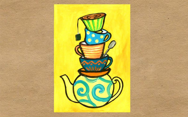Если вы еще не устали, то можно нарисовать на чашках и чайнике яркие узоры. Наша картина готова. Приятного чаепития!