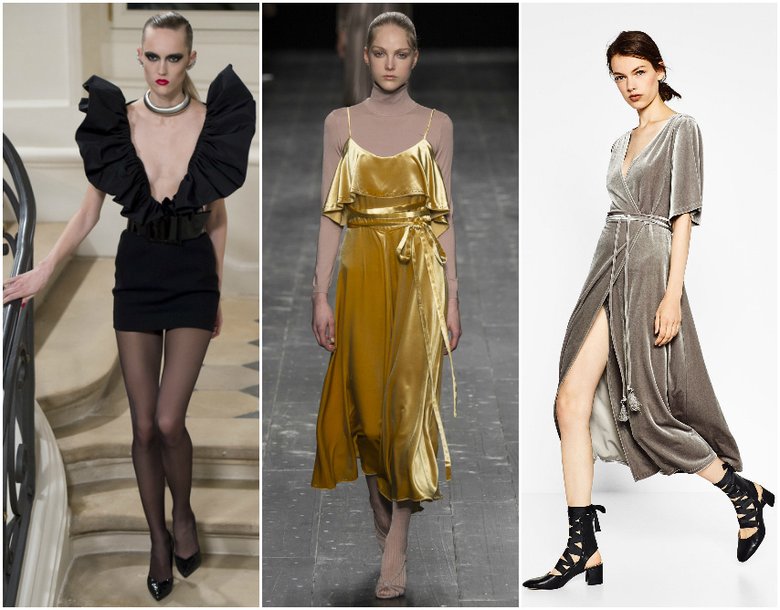 Слева направо: Saint Laurent; Valentino; Zara. Бархат — одна из главных осенний тенденций. Платья, топы и брюки показывали самые разные бренды из США, Франции и Италии, а с легкой руки масс-маркета бархат наденет каждая вторая женщина. 