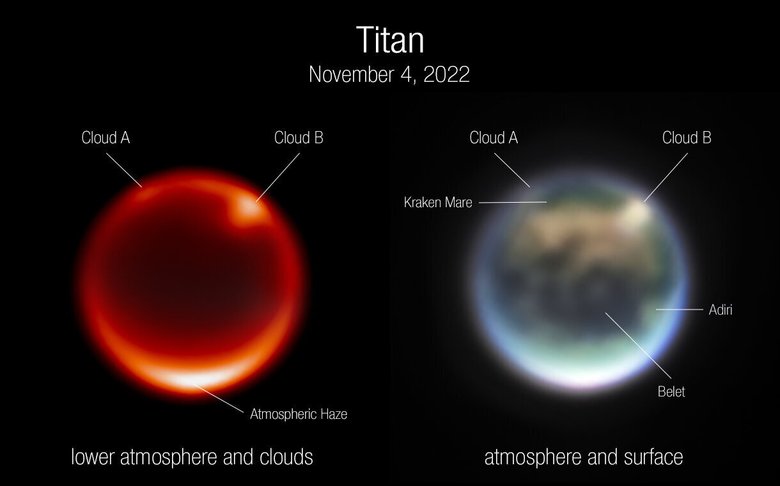 Изображения предоставил «Джеймс Уэбб». На них можно увидеть части атмосферы, облака и поверхность Титана. Фото: NASA, ESA, CSA, Webb Titan GTO Team, Alyssa Pagan (STScI)