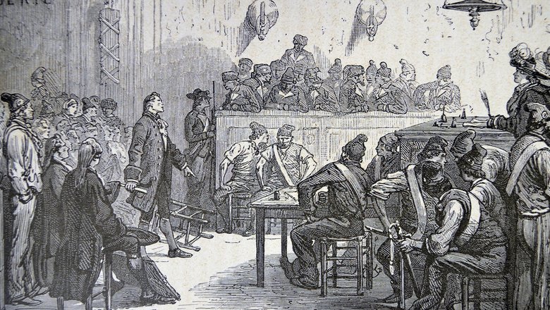 Антуан Лавуазье и другие участники Ferme générale предстают перед Французским революционным трибуналом