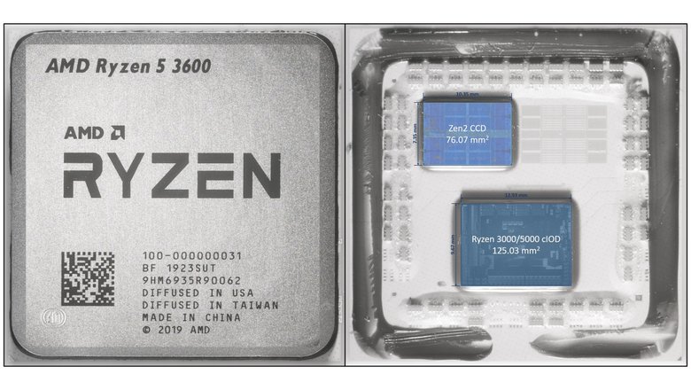 Пример многочиплетной компоновки чипа Ryzen 5 3600: блок ядер (вверху) и блок I/O (внизу) выполнены на разных техпроцессах