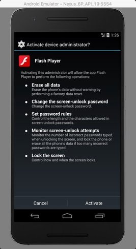 Первый скриншот демонстрирует, что фейковое приложение Flash Player установлено. На втором отображается список разрешений, выданных приложению пользователем добровольно. А на третьем видно, что телефон спрашивает, хочет ли пользователь установить приложени