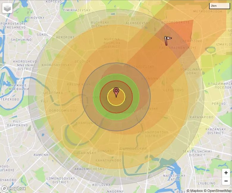 Эксперты оценили потенциальный ущерб от модернизированной бомбы США, если она будет сброшена на Москву. Фото: Mapbox / Nukemap / nypost.com