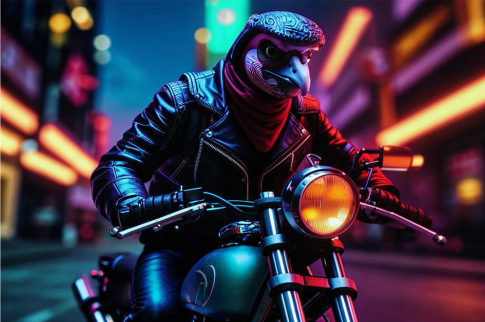 Голубь-байкер в бандане и черной кожаной куртке мчит на мотоцикле по ночному неоновому городу