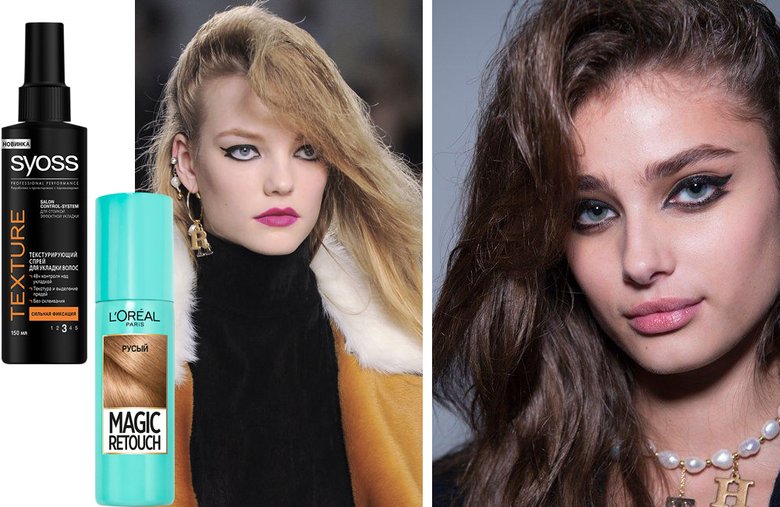 Текстурирующий спрей Texture, Syoss; спрей для тонирования корней волос Magic Retouch, L'Oreal Paris. Показ: Topshop Unique.