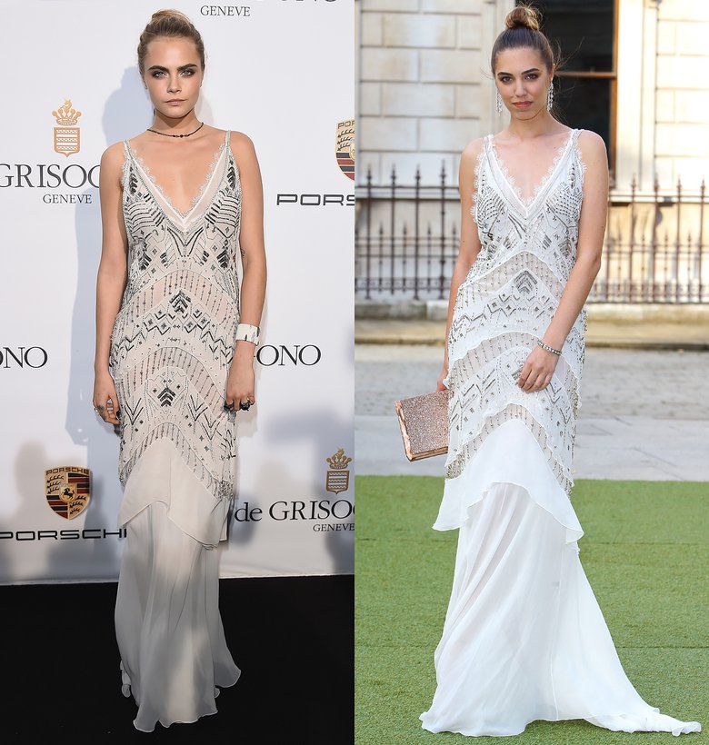 Платье от Roberto Cavalli решили выгулять сразу две известные модели — Кара Делевинь (слева), и Амбер Ле Бон