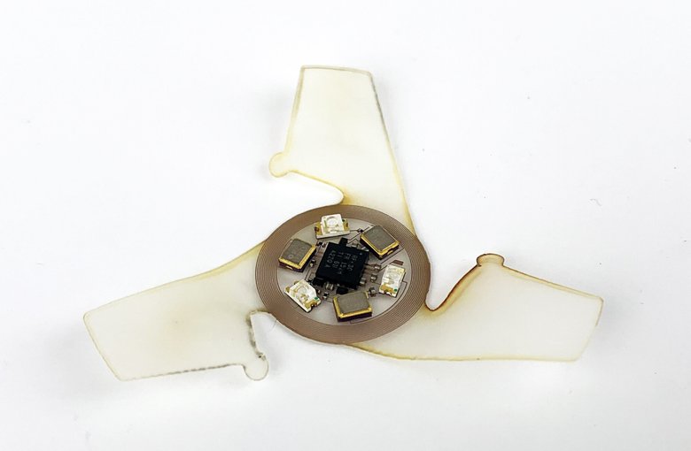 Крупный план чипа. Он оснащен спиральной антенной и датчикам ультрафиолетового излучения. Фото: Northwestern University