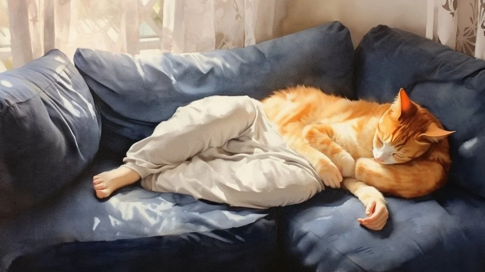 Неудачная генерация: красивая кошка спит на диване, свернувшись