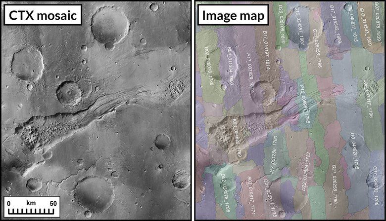 Интерактивная мозаика (слева), сшита из множества изображений, сделанных контекстной камерой MRO. Она захватывает марсианскую поверхность длинными полосами (справа). Фото: NASA/JPL-Caltech/MSSS