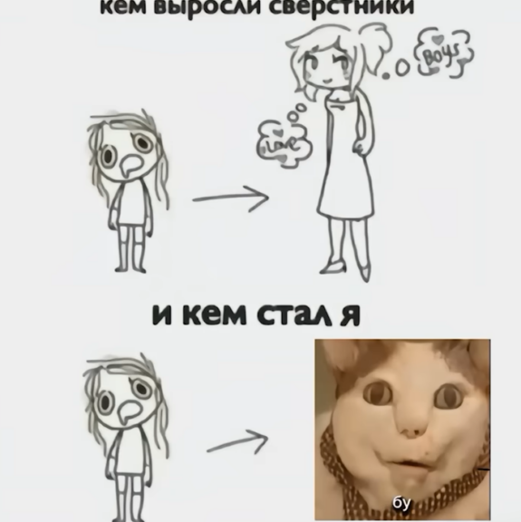 Скриншот мема про взросление с котом