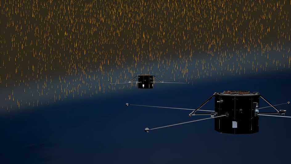Визуализация двух спутников миссии NASA TRACERS на фоне потока солнечных частиц Визуализация двух спутников миссии NASA TRACERS на фоне потока солнечных частиц