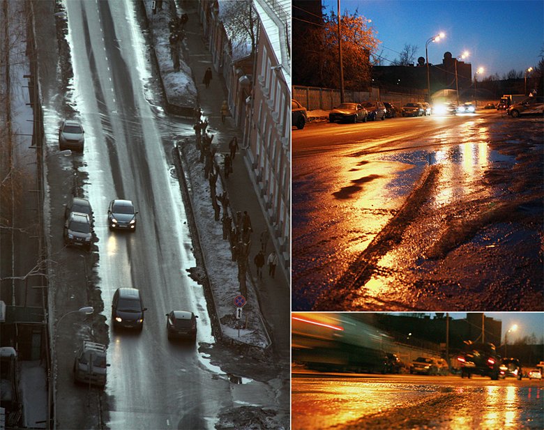 На всех этих фотографиях асфальт — обледеневший. На фото загородных дорог не только боковая, но и центральная сухая на вид часть полотна покрыта тончайшим  слоем льда — это сконденcировавшаяся и замёрзшая атмосферная влага