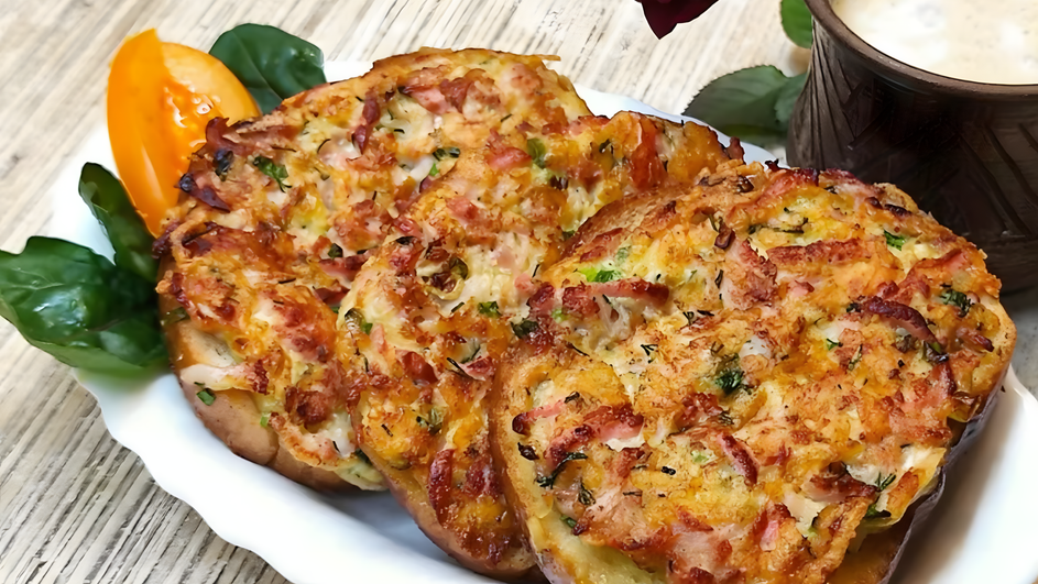 Гренки с яйцом и колбасой крупным планом 