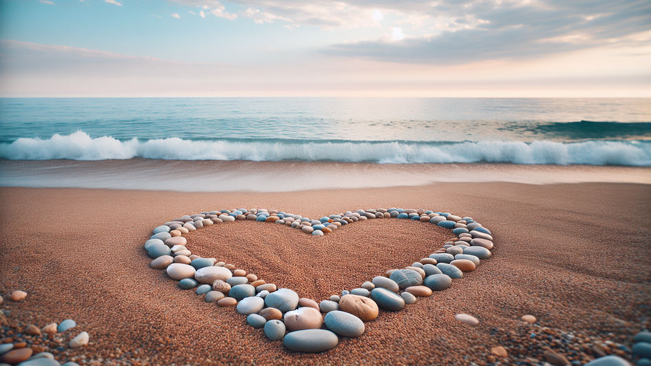 Открытка с днем рождения Раку: сердце из гальки на песчаном пляже