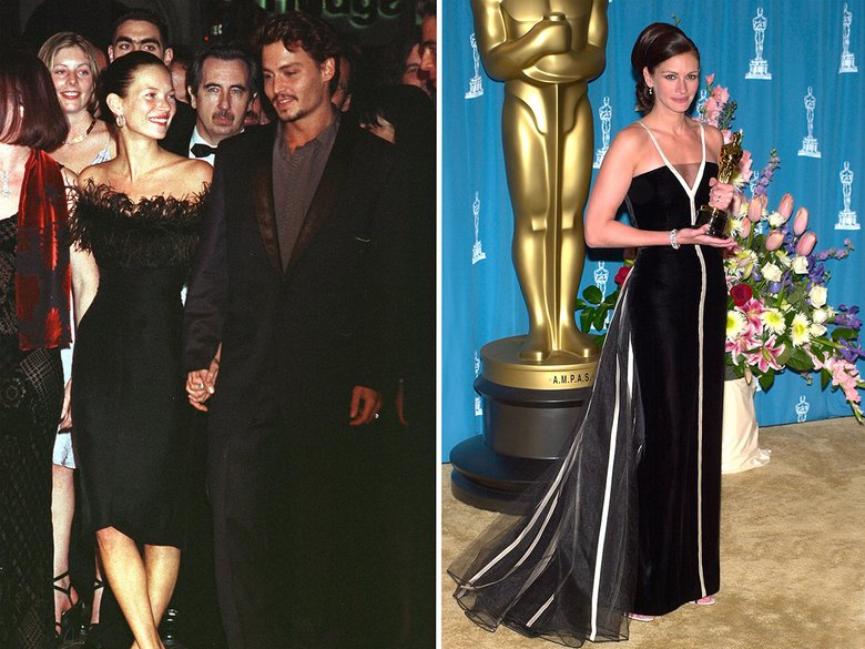 Супермодель Кейт Мосс и актер Джонни Депп на Каннском кинофестивале в 1998 году. Мосс выбрала для ковровой дорожки платье, купленное в винтажном магазине / Актриса Джулия Робертс позирует на церемонии награждения «Оскар» в винтажном платье Valentino. Лос-Анджелес, 25 марта 2001 года. Legion-media.ru