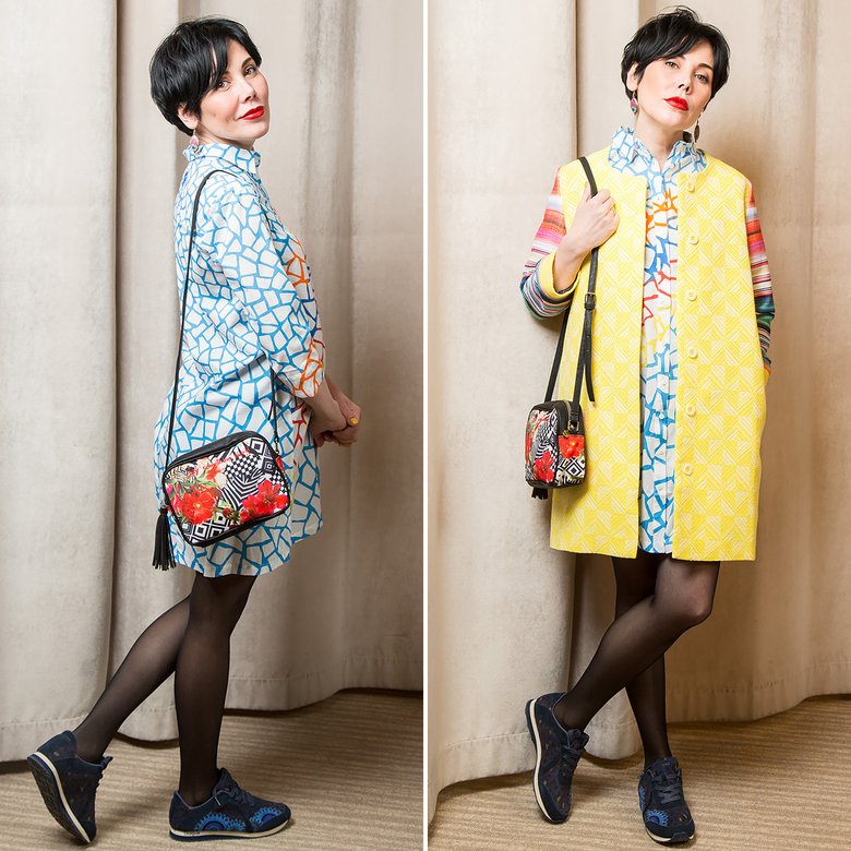 Образ от стилиста «Леди Mail.ru»: платье — 7920 руб., кроссовки — 6960 руб., пальто — 17 920 руб., серьги — 2560 руб., сумка — 3920 руб. (всё — Desigual)