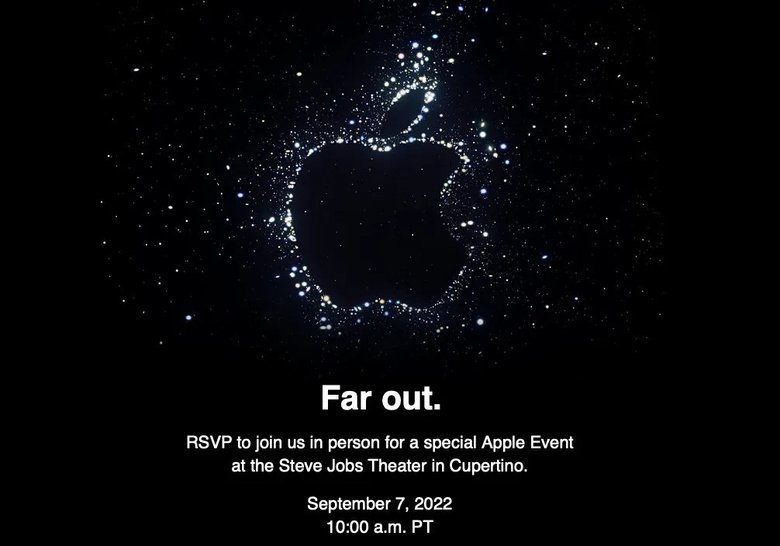 В приглашении со слоганом Far Out (в переводе — «Передовой» или «Нетрадиционный») пользователям предлагают наблюдать за мероприятием, которое пройдет в театре Стива Джобса в кампусе Apple в Купертино. Источник: Apple