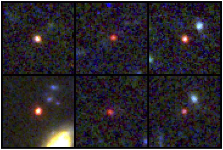 Шесть галактик-кандидатов на звание наиболее массивных из самых ранних во Вселенной. Фото: NASA / ESA / CSA / I. Labbe