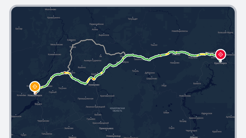 Маршрут в навигаторе из Новосибирска в Красноярск