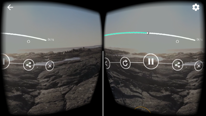 Скриншоты сделаны на iPhone SE в приложении BBC Taster VR с включенной функцией очков виртуальной реальности. На последнем скриншоте — интерфейс, управляемый взглядом
