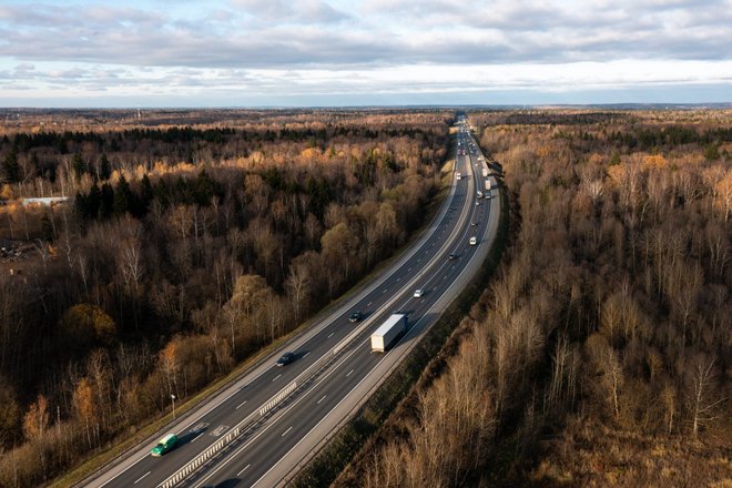 Среди леса проходит трасса М-8 с проезжающими по ней машинами