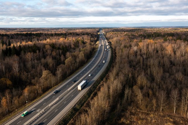 Среди леса проходит трасса М-8 с проезжающими по ней машинами