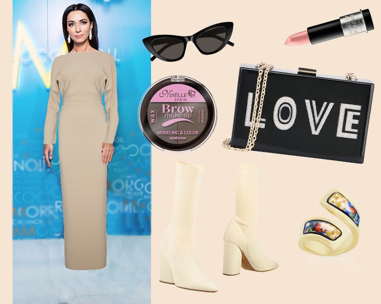 Платье Alexander Terekhov (aizel.ru); очки SAINT LAURENT; тени для бровей Ninelle; помада Make Up For Ever; клатч GEORGE J (yoox.com); ботильоны Yeezy (yoox.com); кольцо Freywille