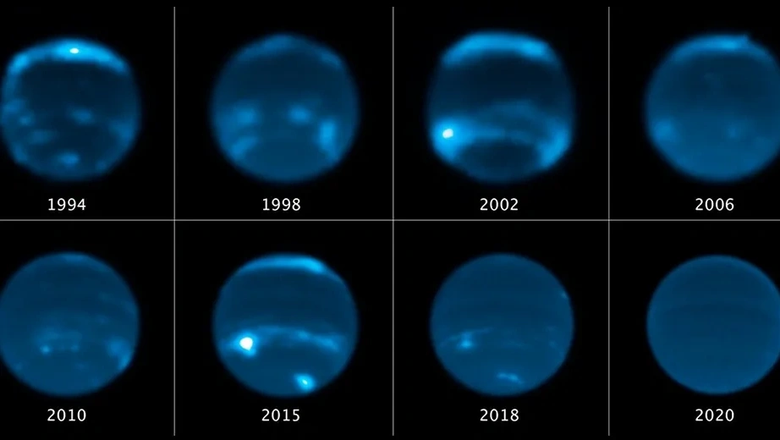 Эта последовательность изображений, сделанных космическим телескопом Хаббла, показывает увеличение и уменьшение количества облачного покрова на Нептуне.