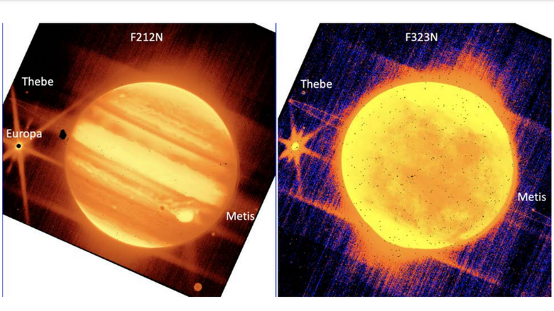 Два изображения Юпитера, полученные камерой телескопа NIRCam. Обозначены три спутника: Европа, Фива и Метида. Фото: NASA/ESA/CSA