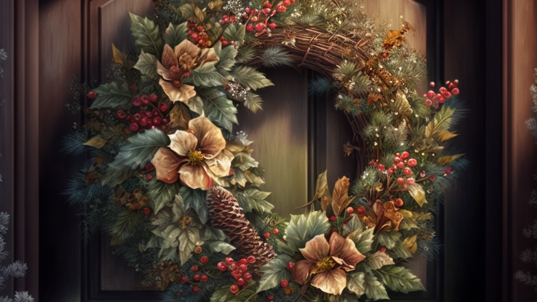 karakat_christmas_wreath_on_the_door_photorealistic_photo_detai_0eb19209-08df-404b-b7af-c4940a345a89.png